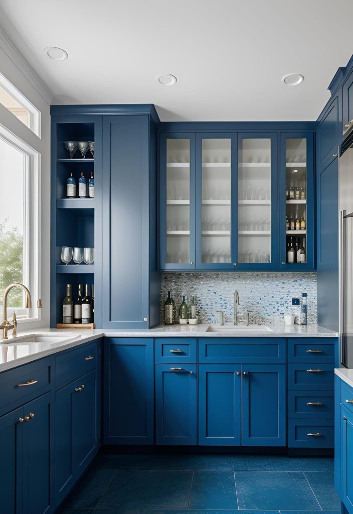 39 Trendy Blue Kitchen Cabinet Ideas: with Cool, Sophisticated Vibes 47 38. Blue Kitchen with Wine Fridge-0