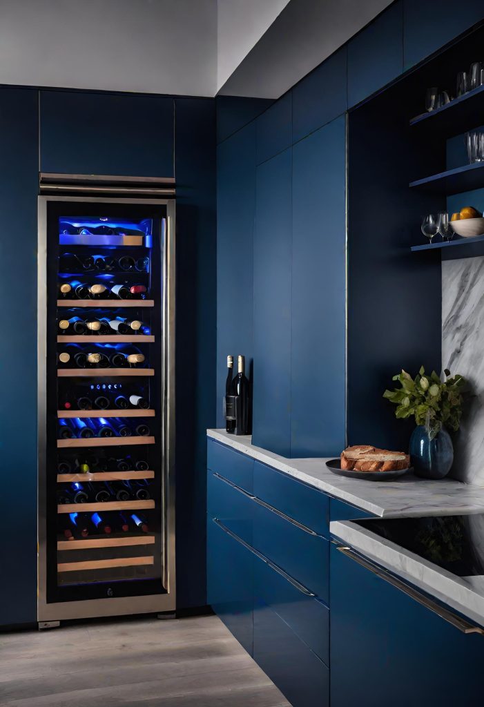 39 Trendy Blue Kitchen Cabinet Ideas: with Cool, Sophisticated Vibes 48 38. Blue Kitchen with Wine Fridge-1