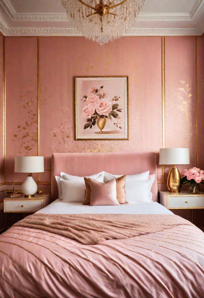 63 Luxurious Pink Bedrooms to Warm Up Your Space 48 46. Blush and Gold Wallpaper-0