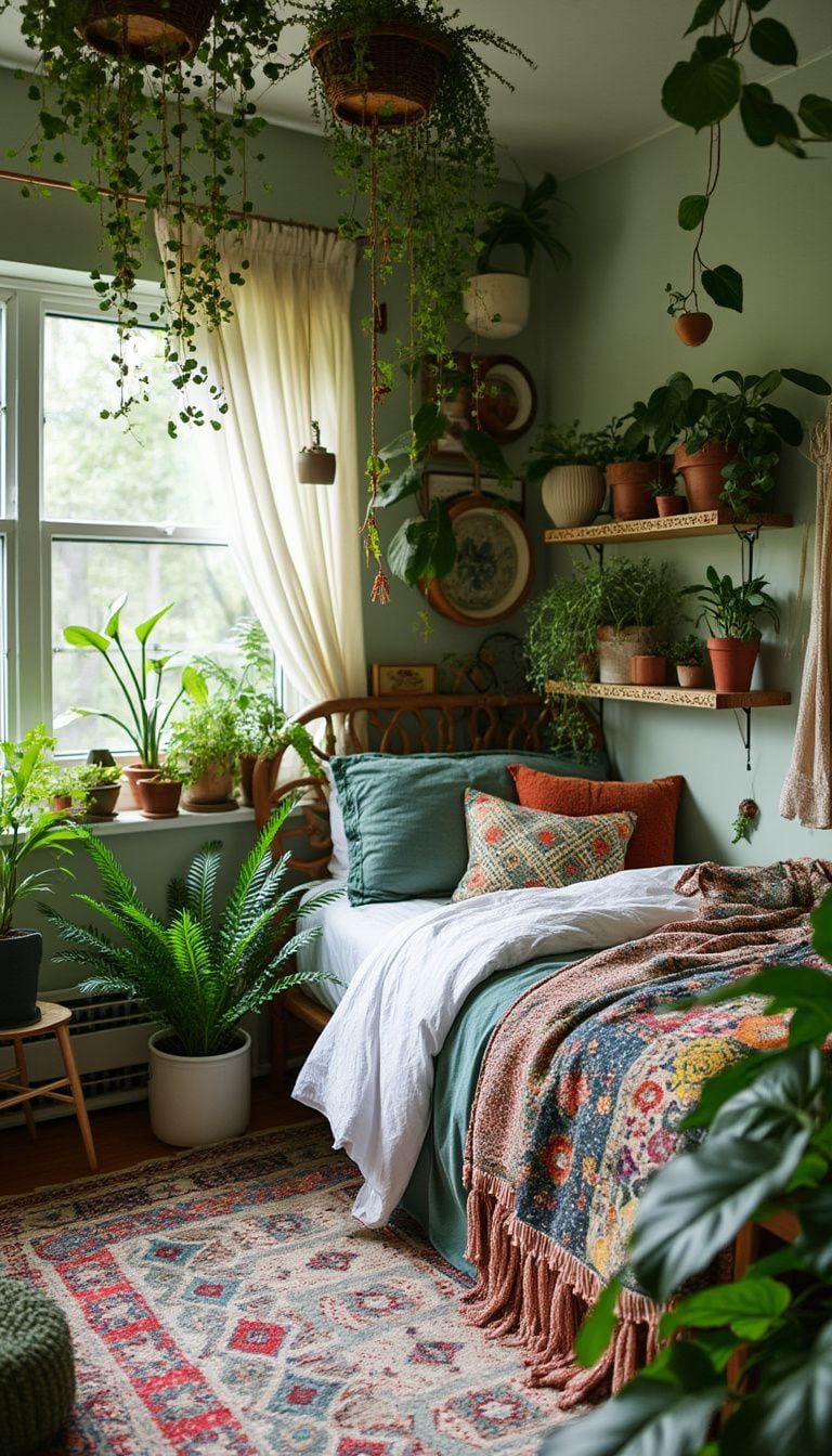 20 beautiful Boho bedroom for teenagers: ideas for 2025 21 7. Bohemian Green Oasis: Add top ferns, succulents and hanging plants to bring nature into boho aesthetics.