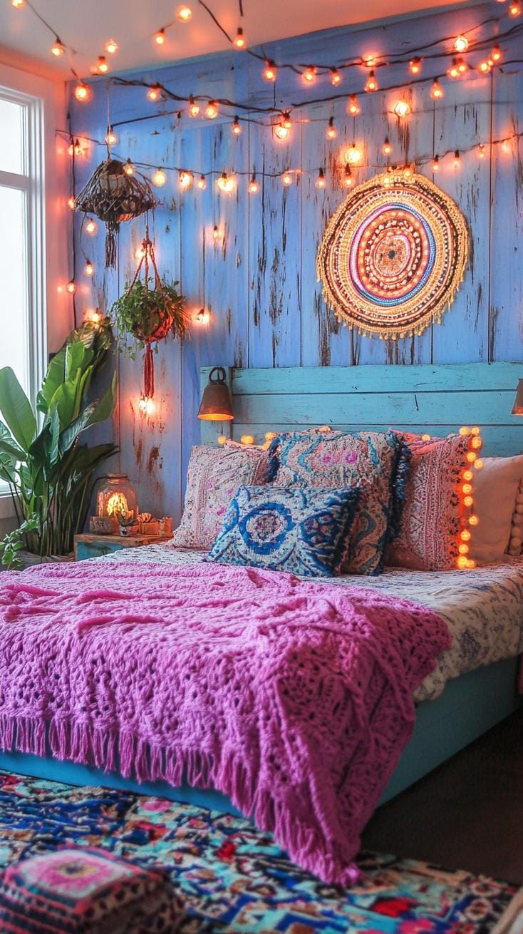 21 colorful boho bedroom ideas for a bizarre hippie -vibe 49 17. Bohemian Neon Festival: Splash Neon pinks and blues with festival-inspired string lights and lively printing-0