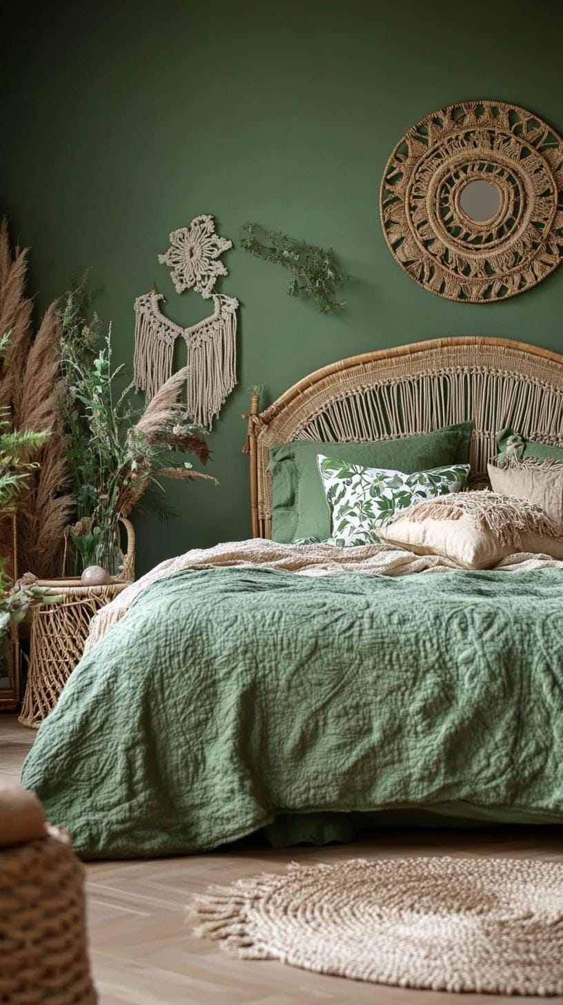 23 atemberaubende Ideen für olivgrüne Schlafzimmer, die Sie absolut lieben werden 10 3. Bohemian Olivengrünes Schlafzimmer mit Makramé und Ratan-Teilen-0