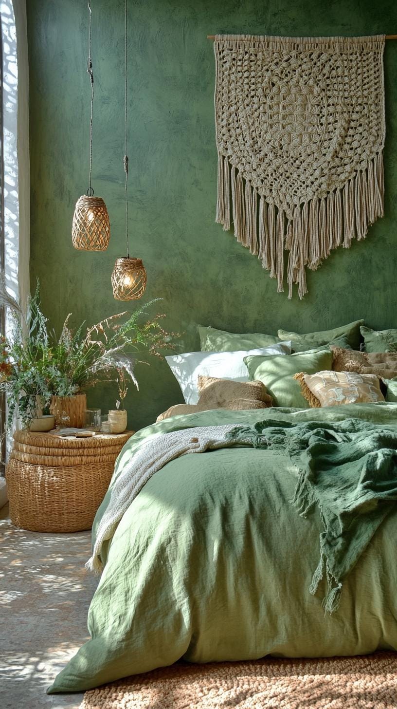 23 atemberaubende Ideen für olivgrüne Schlafzimmer, die Sie absolut lieben werden 11 3.. Bohemian Olivengrünes Schlafzimmer mit Makramé und Ratan-Teilen-1