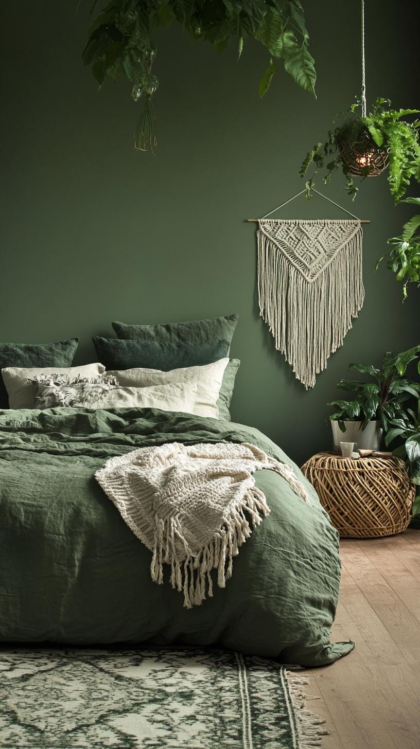 23 atemberaubende Ideen für olivgrüne Schlafzimmer, die Sie absolut lieben 12 3.. Bohemian Olivengrünes Schlafzimmer mit Makramé und Ratan-Teilen-2
