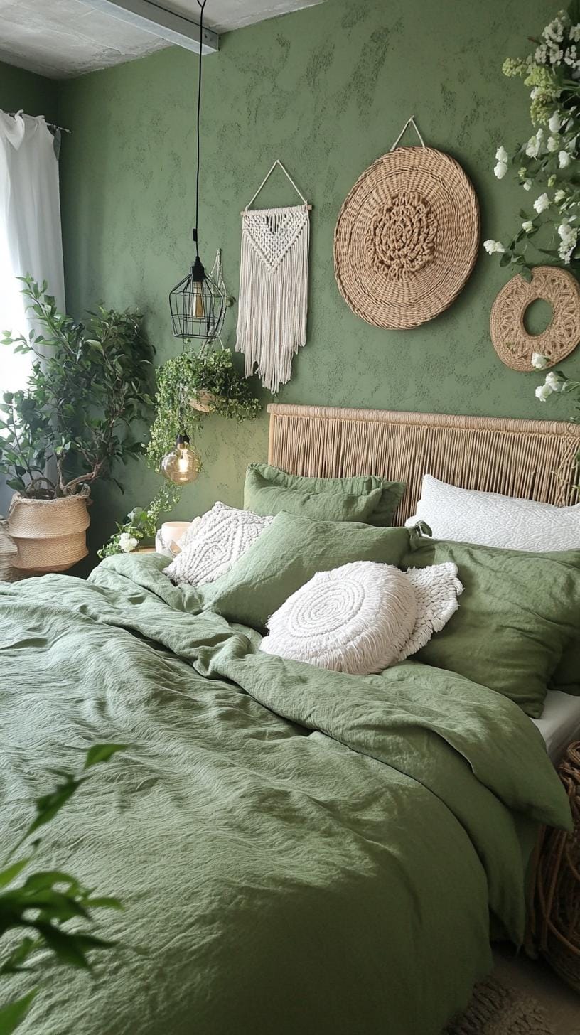23 atemberaubende Ideen für olivgrüne Schlafzimmer, die Sie absolut lieben werden 13 3. Bohemian Olivengrünes Schlafzimmer mit Macramé und Ratan Pieces-3