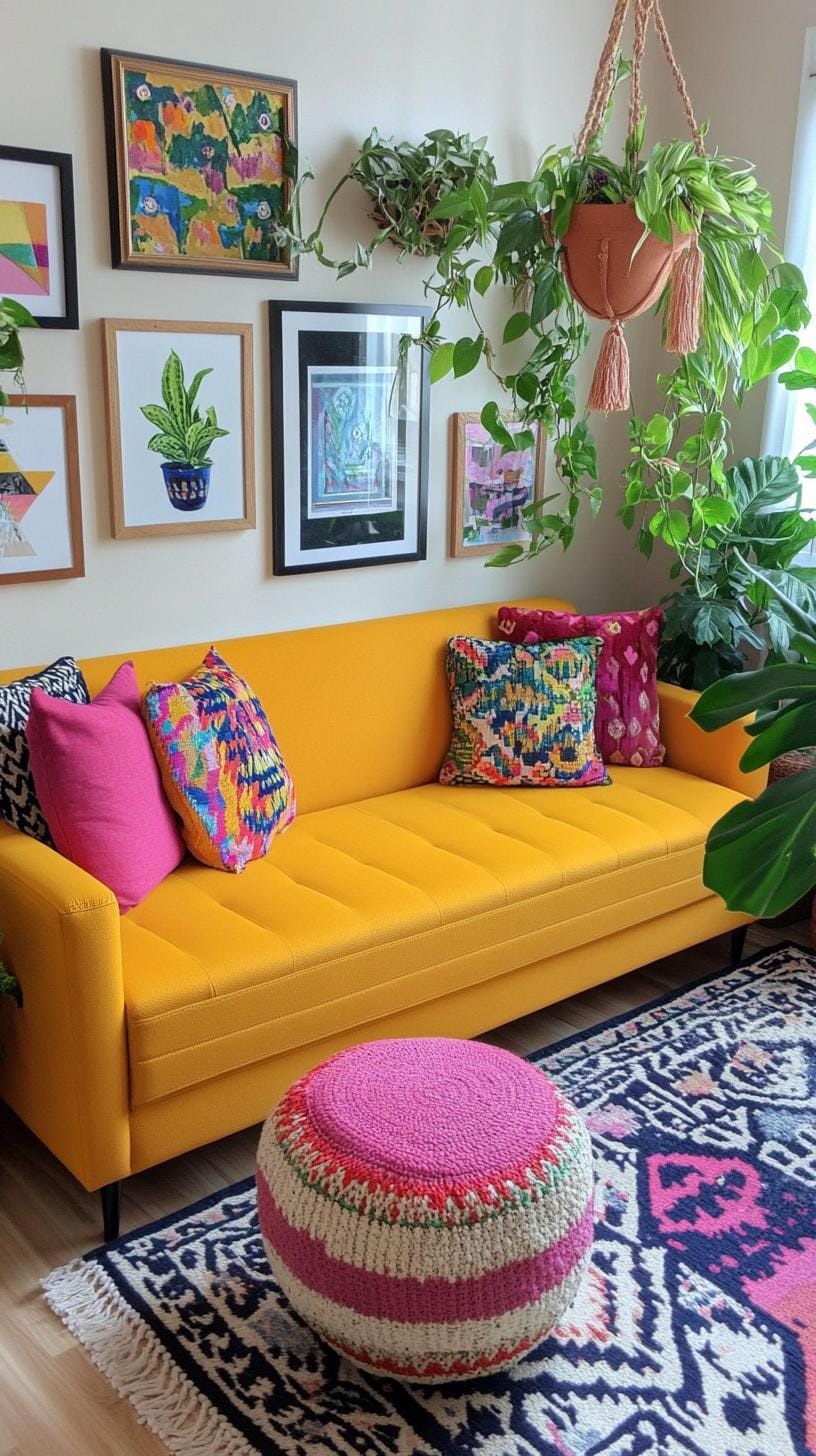 37 Gallery Wall Decor Ideas: Layouts And Styles to Elevate Any Room 42 14. Bohemian frame mix with bold colors textiles and mixed shapes on the wall-0