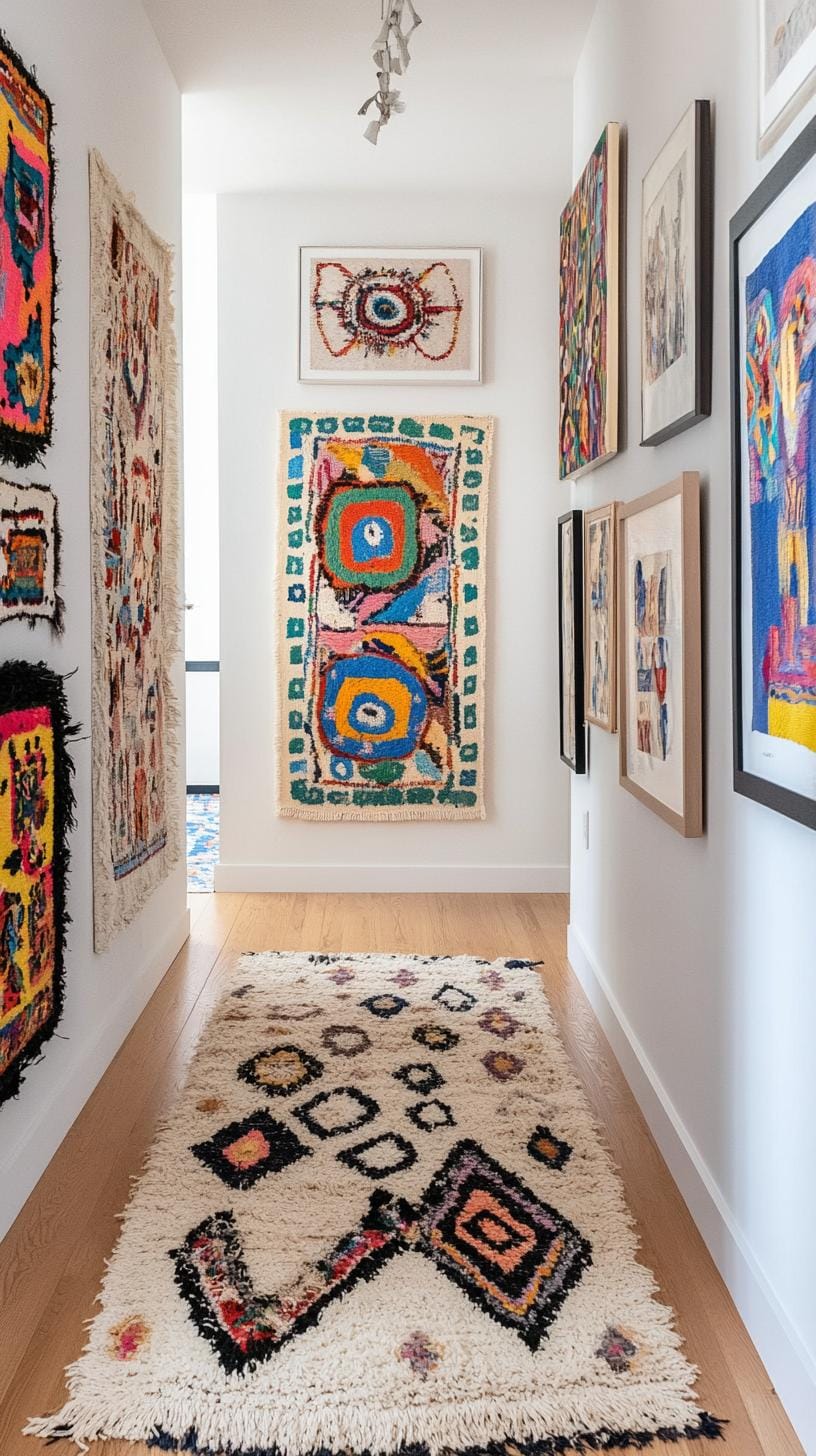 37 Gallery Wall Decor Ideas: Layouts And Styles to Elevate Any Room 43 14. Bohemian frame mix with bold colors textiles and mixed shapes on the wall-1