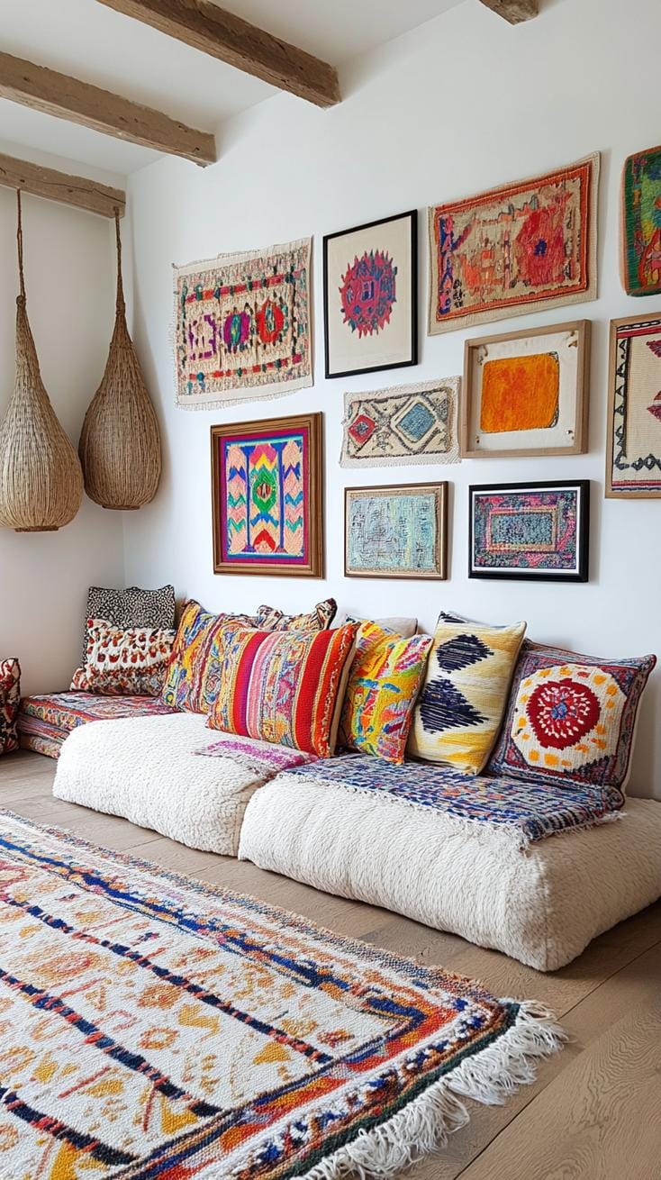 37 Gallery Wall Decor Ideas: Layouts And Styles to Elevate Any Room 44 14. Bohemian frame mix with bold colors textiles and mixed shapes on the wall-2