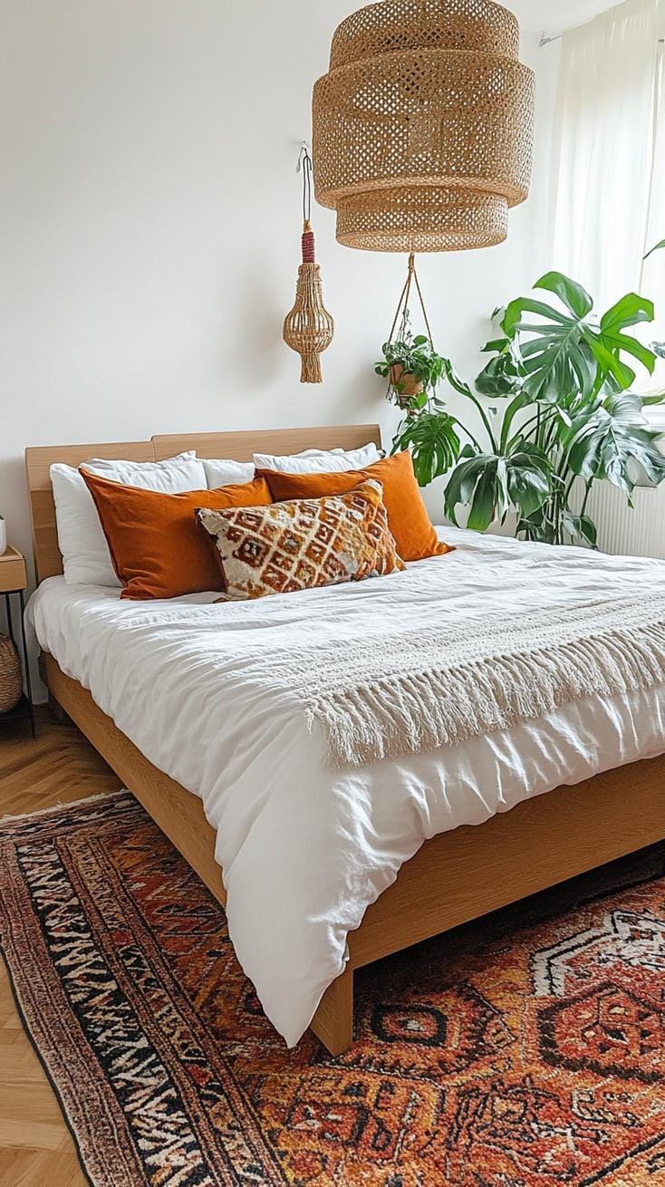 21 modern bedroom ideas for your 2025 makeover 23 6. Bohemian modern with versatile patterns, lush plants and manual fabrics-1-1