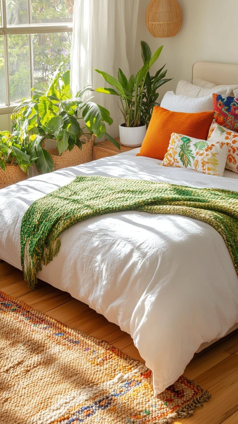 21 modern bedroom ideas for your 2025 makeover 24 6. Bohemian modern with eclectic patterns, lush plants and manual fabrics-2