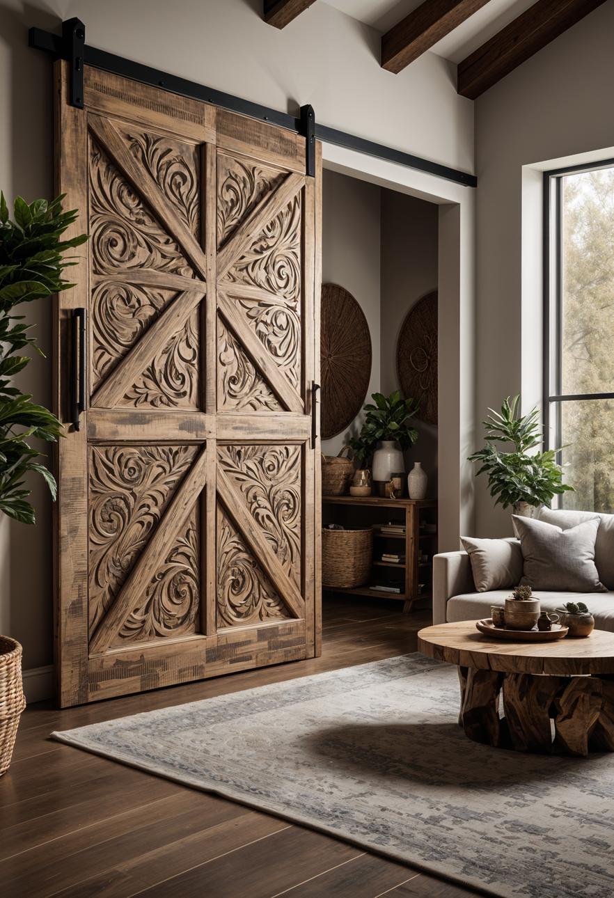 45 Chic & Modern Boho Living Room Ideas To Copy 17 6. Boho Barn Door Room Divider-0