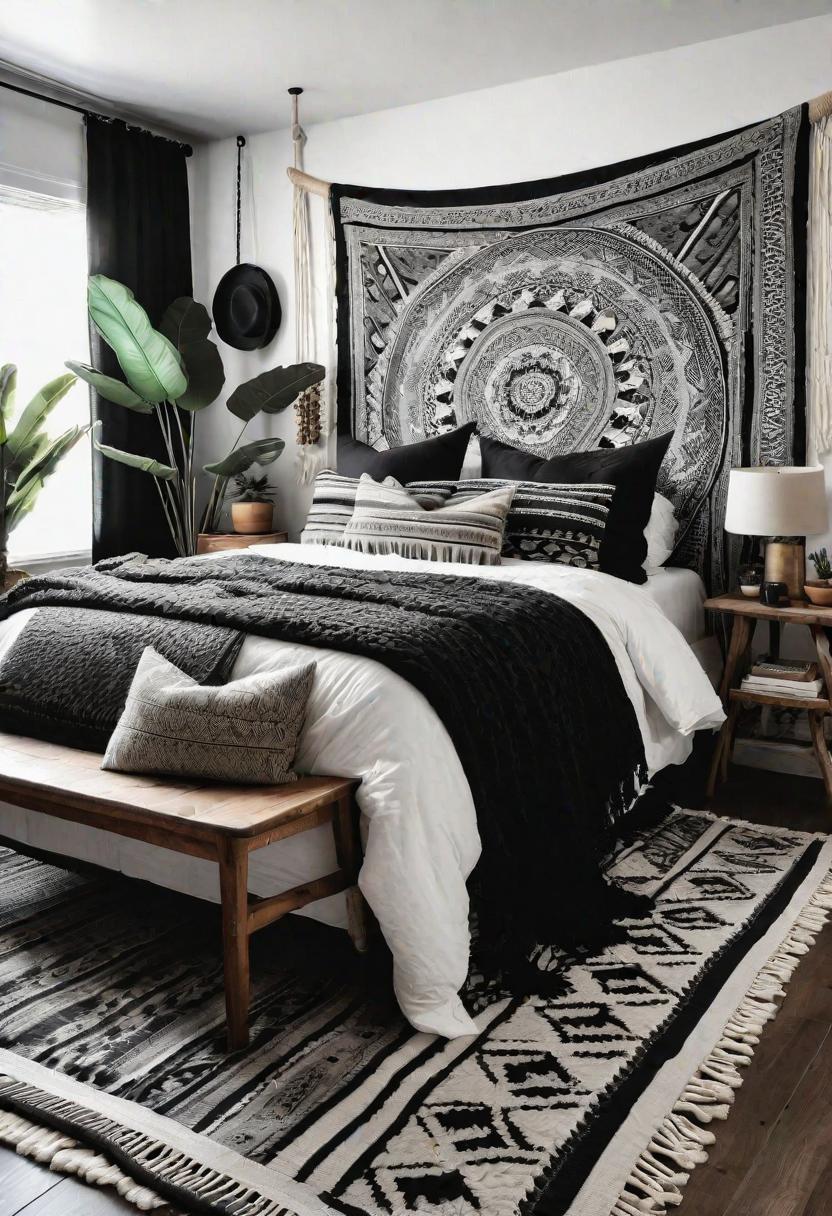 45 Black and White Bedroom Ideas for Timeless Elegance 12 10. Boho Black & White Textures-0