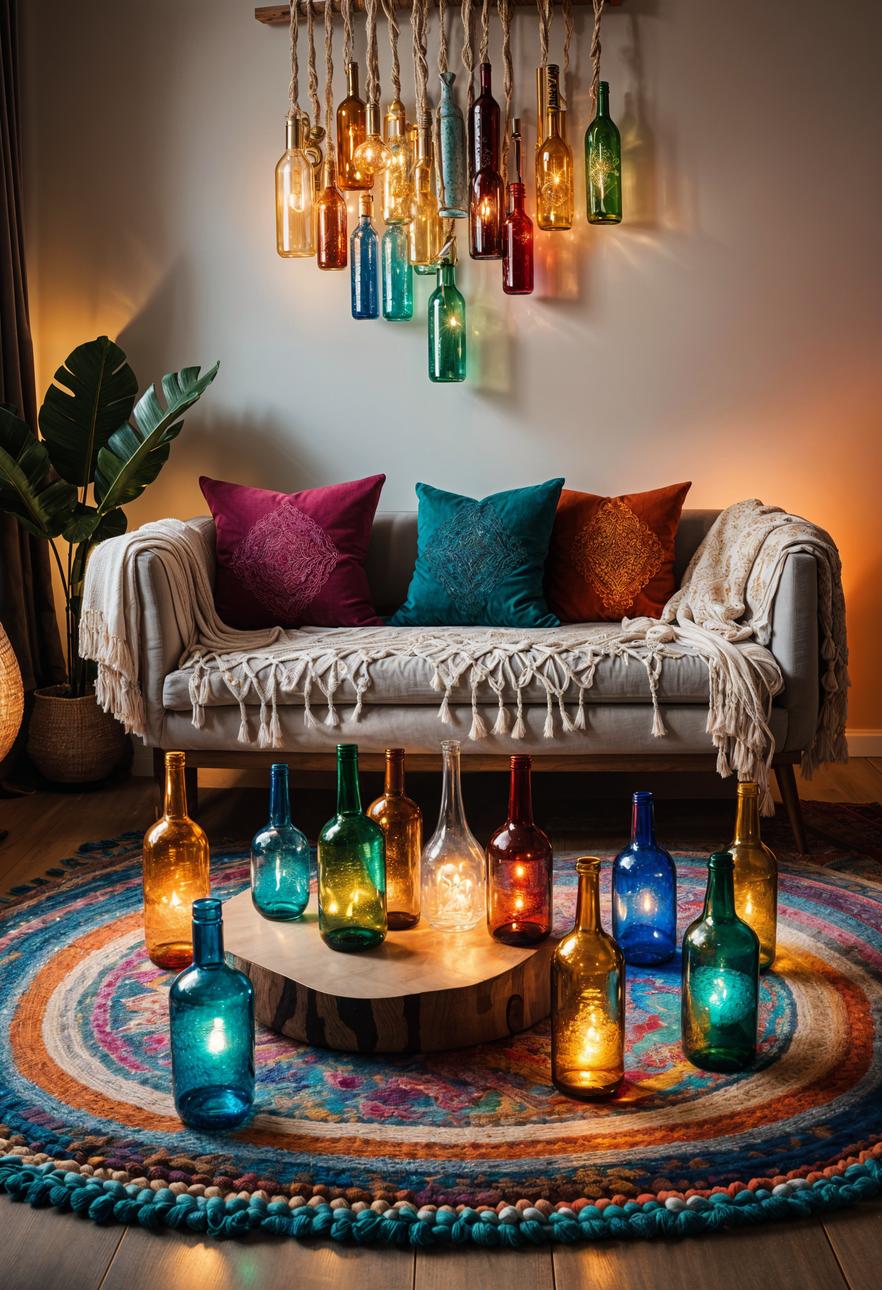 45 Chic & Modern Boho Living Room Ideas To Copy 21 8. Boho Bottle Wall Design-0