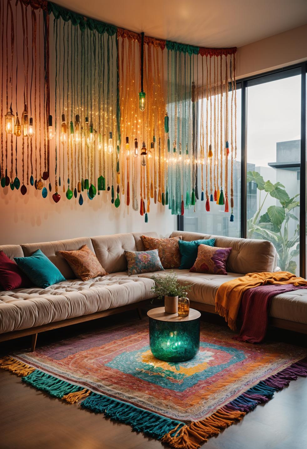 45 Chic & Modern Boho Living Room Ideas To Copy 22 8. Boho Bottle Wall Design-1