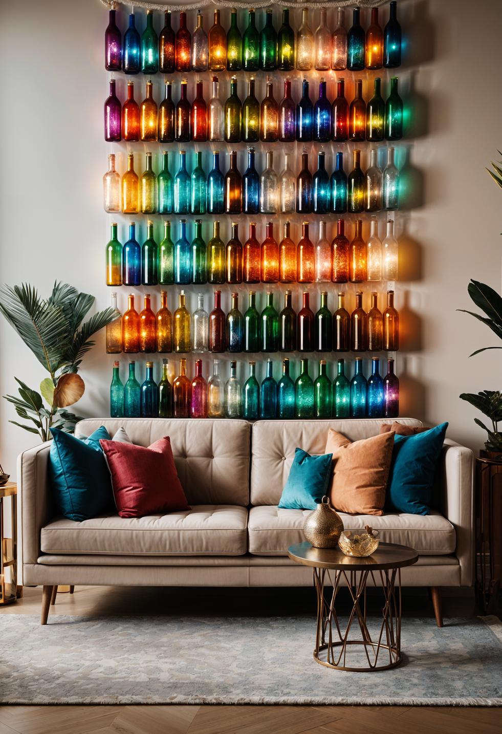 45 Chic & Modern Boho Living Room Ideas To Copy 24 8. Boho Bottle Wall Design-3