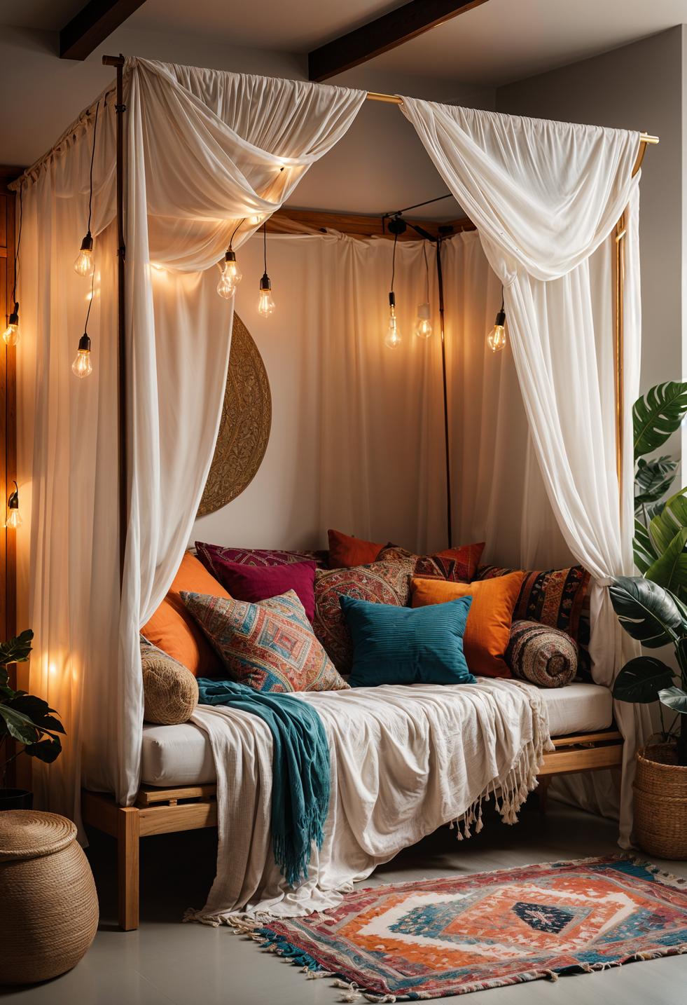 45 Chic & Modern Boho Living Room Ideas To Copy 30 11. Boho Canopy Daybed Decor-0