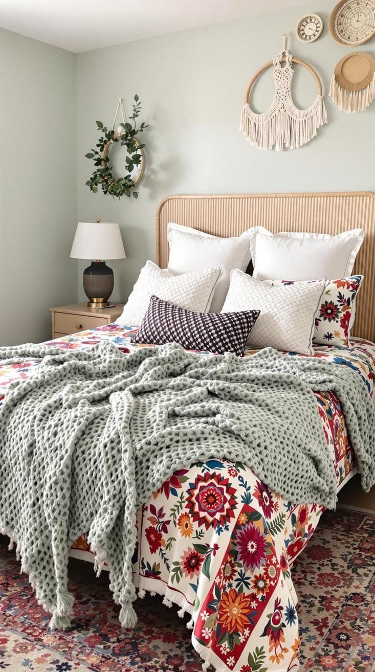 25 einzigartige Salbei grüne Boho Schlafzimmer Ideen für 2025 62 20. Boho-Chic-Schicht: Schichten Sie einen grün-grün häkierten Wurf über eine gemusterte Quilt für extra Kohiness-0.