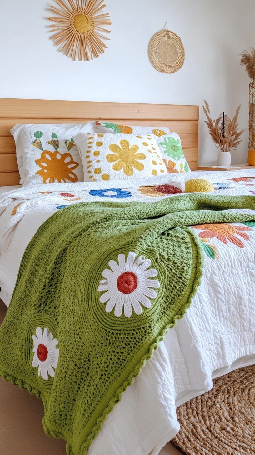 25 einzigartige Salbei grüne Boho Schlafzimmer Ideen für 2025 63 20. Boho-Chic-Schicht: Schichten Sie einen grün-grün häkierten Wurf über eine gemusterte Quilt für zusätzliche Koziness-1.