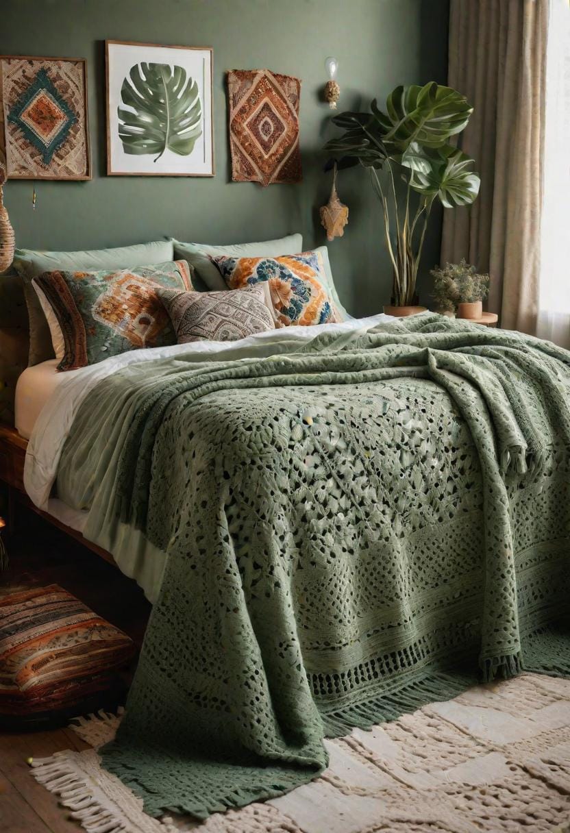 25 einzigartige Salbei grüne Boho Schlafzimmer Ideen für 2025 64 20. Boho-Chic-Schicht: Schichten Sie einen weisen grün gehäkten Wurf über eine gemusterte Quilt für zusätzliche Koziness-2 nach oben