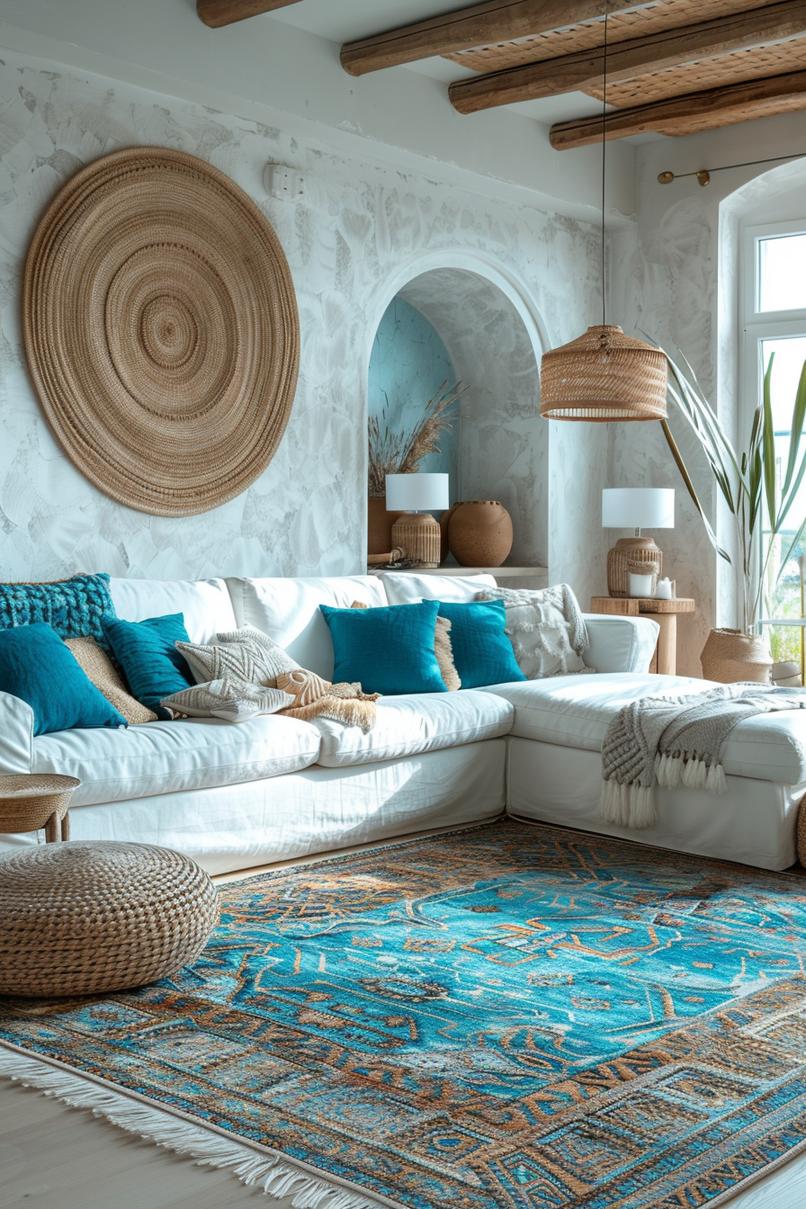 15 breathtaking Boho Coastal living room ideas for a beach house 16 5. Boho Coastal carpet styling ideas-2