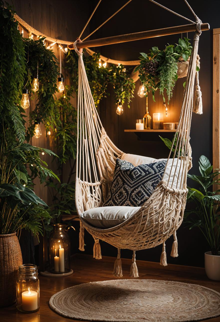 48 Super Cute Dream Room Inspirations for Ultimate Coziness! 6 4. Boho Hammock Chair Styling Inspiration-0