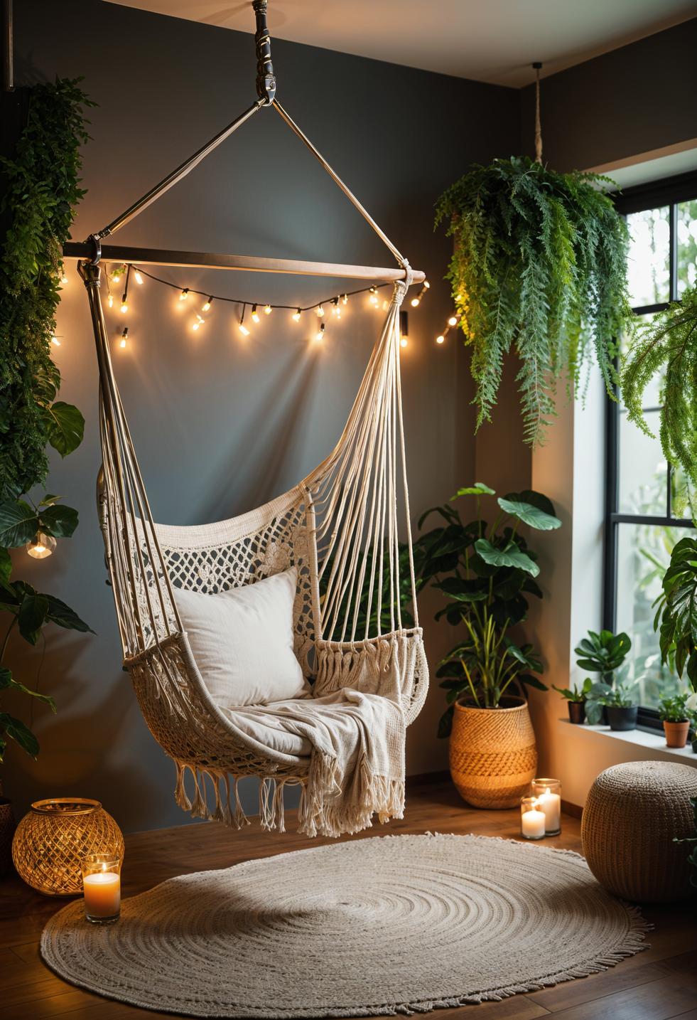 48 Super Cute Dream Room Inspirations for Ultimate Coziness! 7 4. Boho Hammock Chair Styling Inspiration-1