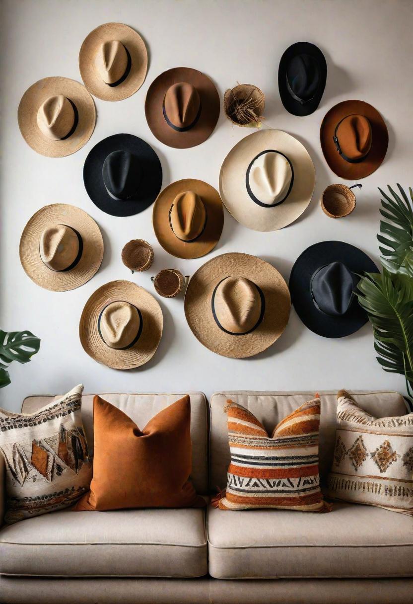 29 Kreativ über den Couch Decor -Ideen, um Ihr Wohnzimmer zu verwandeln 28 26. Boho Hat Wall Decor-0