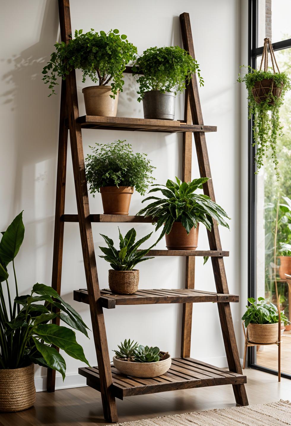 45 Chic & Modern Boho Living Room Ideas To Copy 81 38. Boho Ladder Plant Stand-0