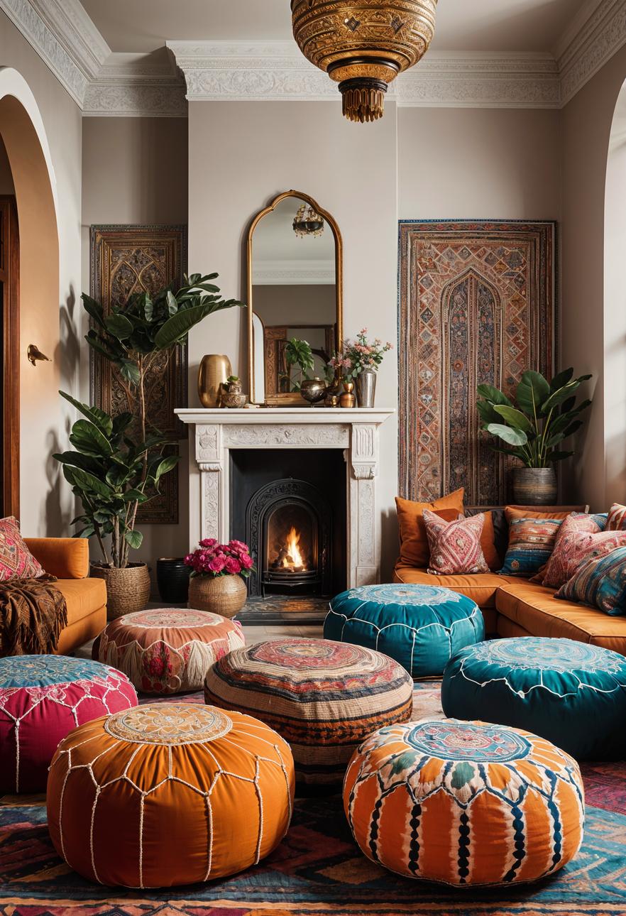 45 Chic & Modern Boho Living Room Ideas To Copy 49 21. Boho Moroccan Pouf Cluster-0