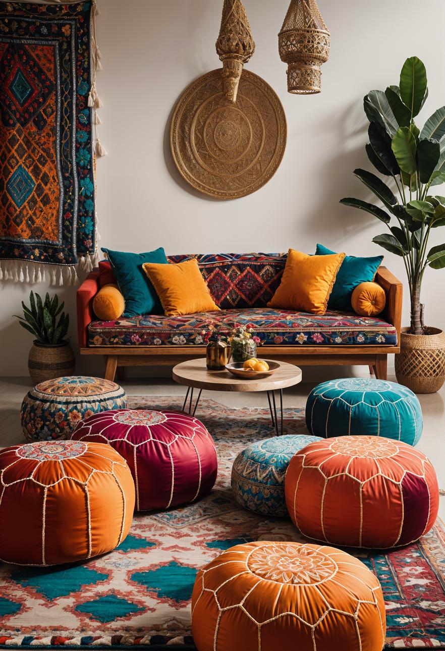 45 Chic & Modern Boho Living Room Ideas To Copy 50 21. Boho Moroccan Pouf Cluster-1
