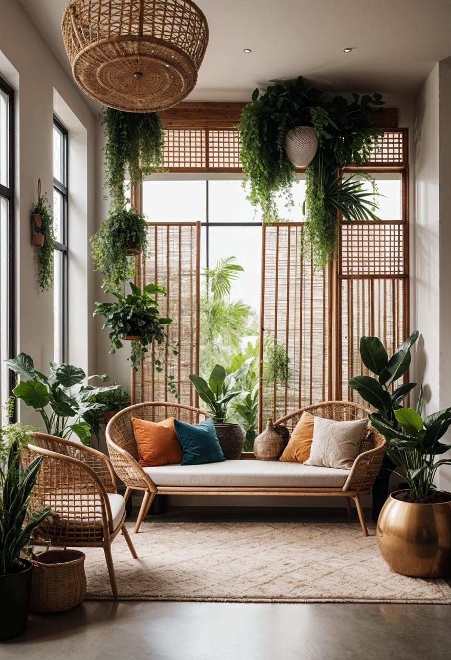 45 Chic & Modern Boho Living Room Ideas To Copy 36 15. Boho Plant Divider Screens-0