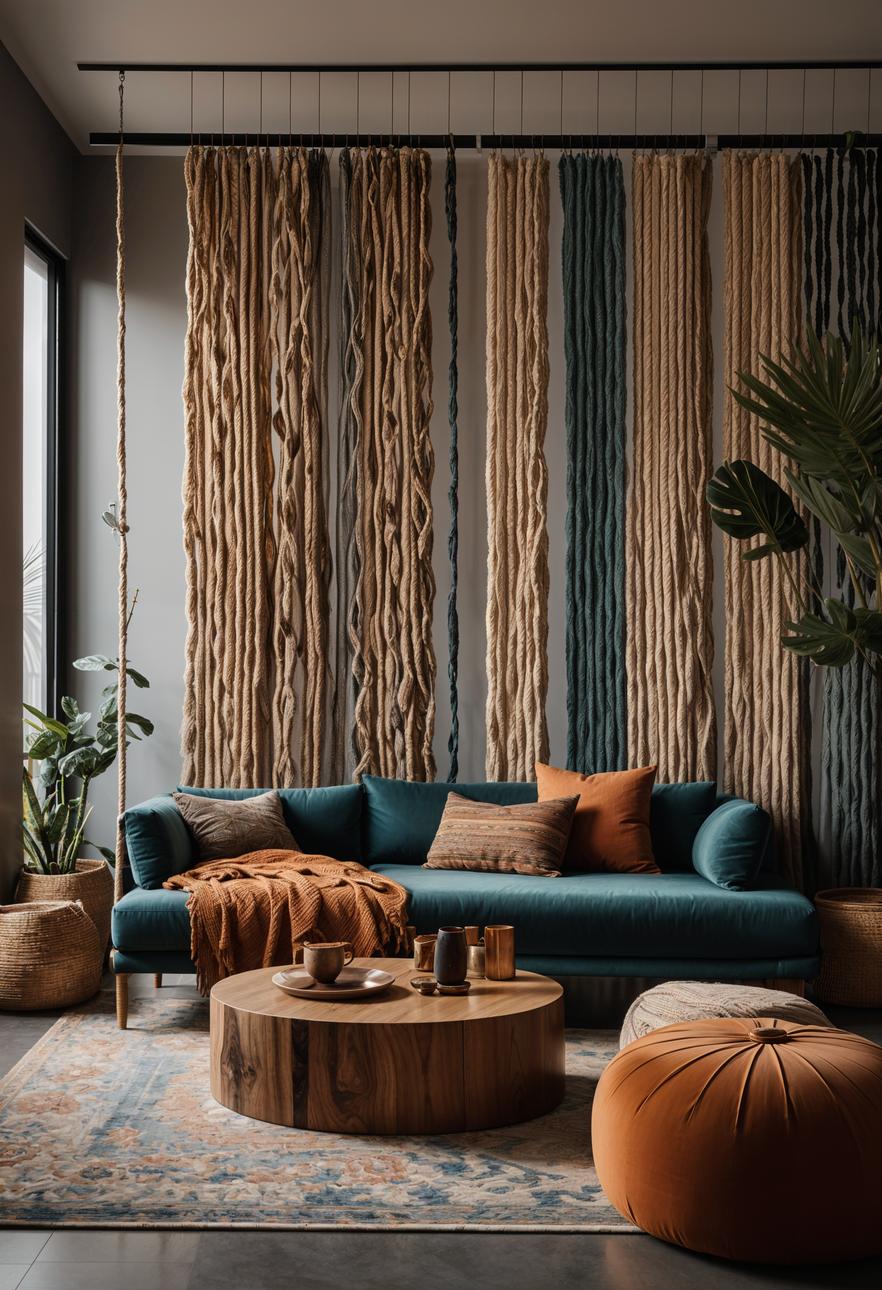 45 Chic & Modern Boho Living Room Ideas To Copy 78 36. Boho Rope Divider Wall-0