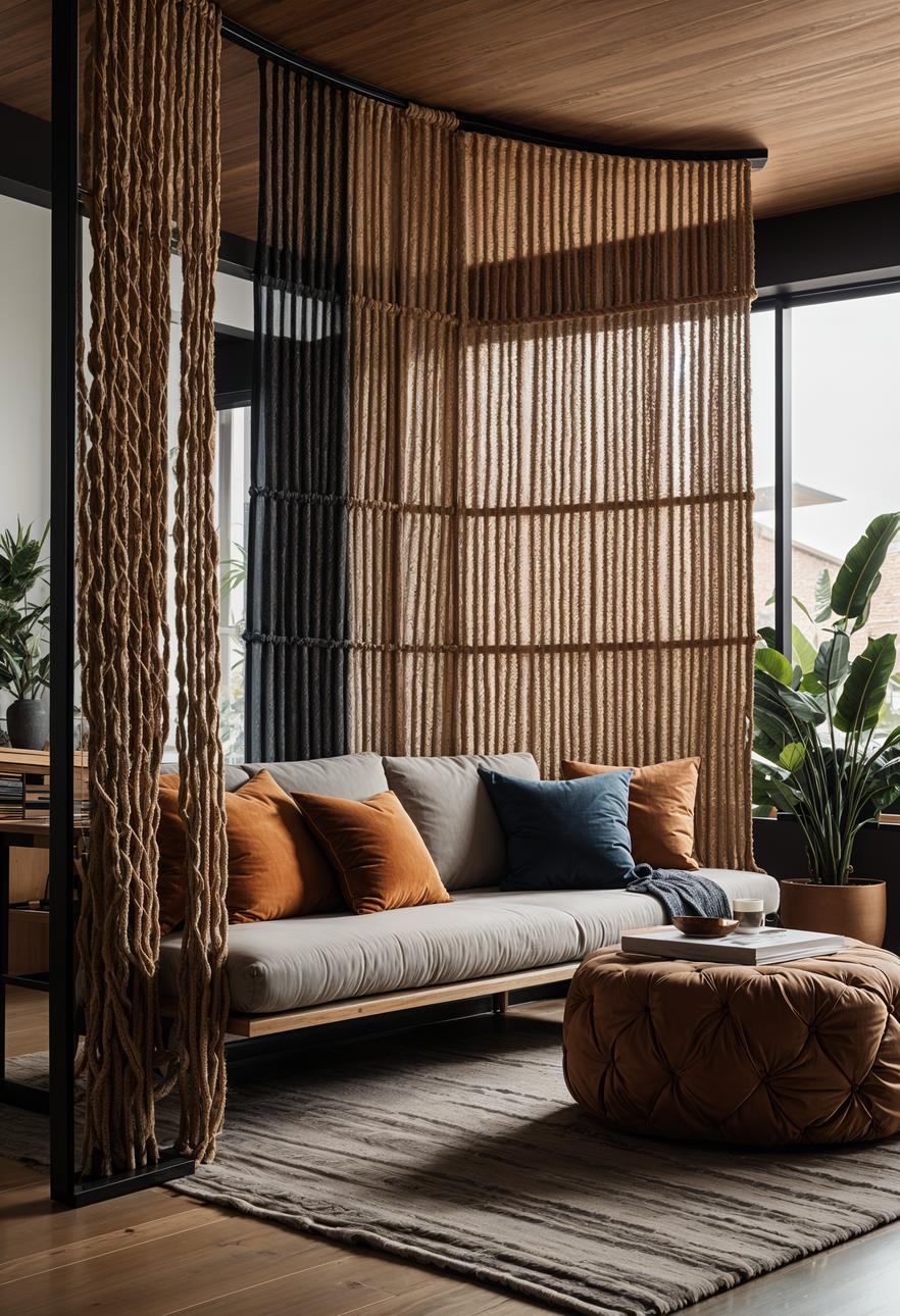 45 Chic & Modern Boho Living Room Ideas To Copy 79 36. Boho Rope Divider Wall-1