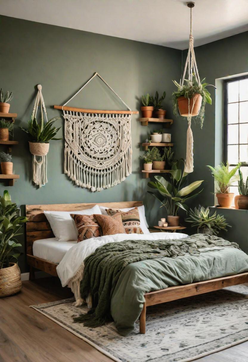 39 Sage Green Farmhouse Bedroom Ideas: Trendy Rustic Chic 6 2. Boho Sage Green Bedroom Style-1