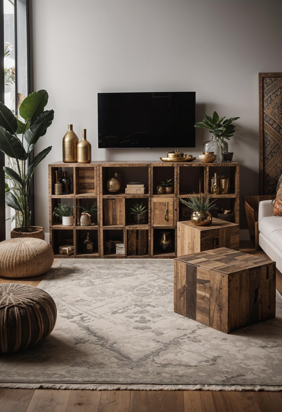 45 Chic & Modern Boho Living Room Ideas To Copy 77 35. Boho Storage Cube Styling-1