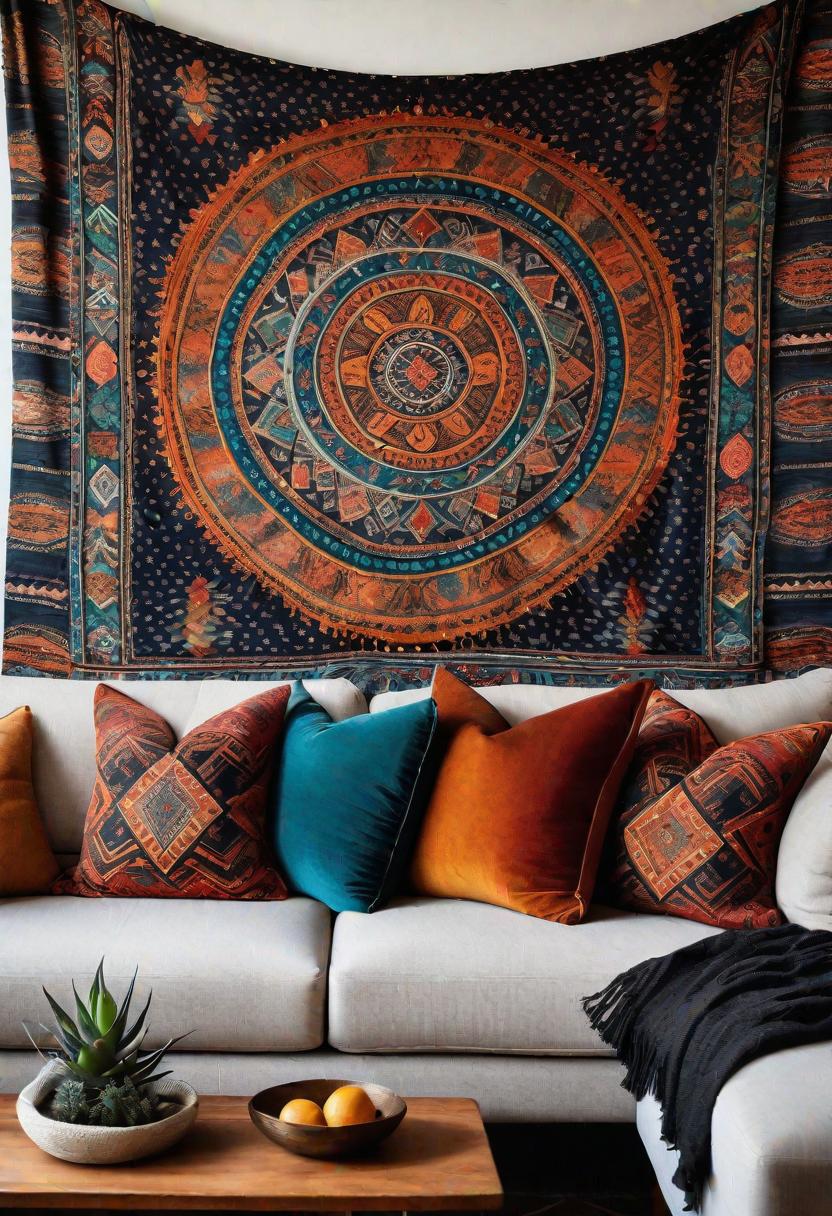 29 Kreativ über den Couch Decor -Ideen, um Ihr Wohnzimmer zu verändern 14 12. Boho Tapestry Accent Ideas-0