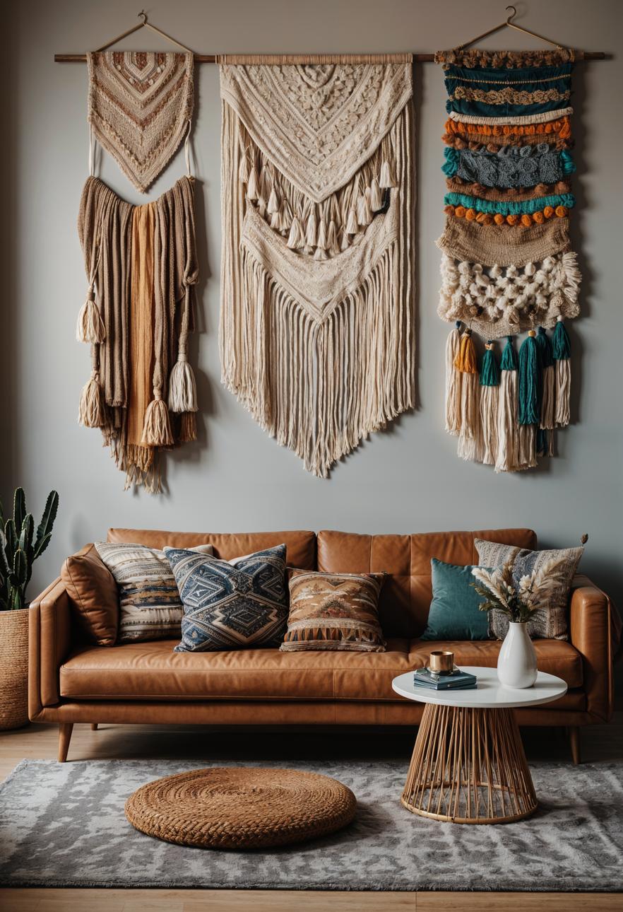 45 Chic & Modern Boho Living Room Ideas To Copy 67 30. Boho Yarn Wall Art-0