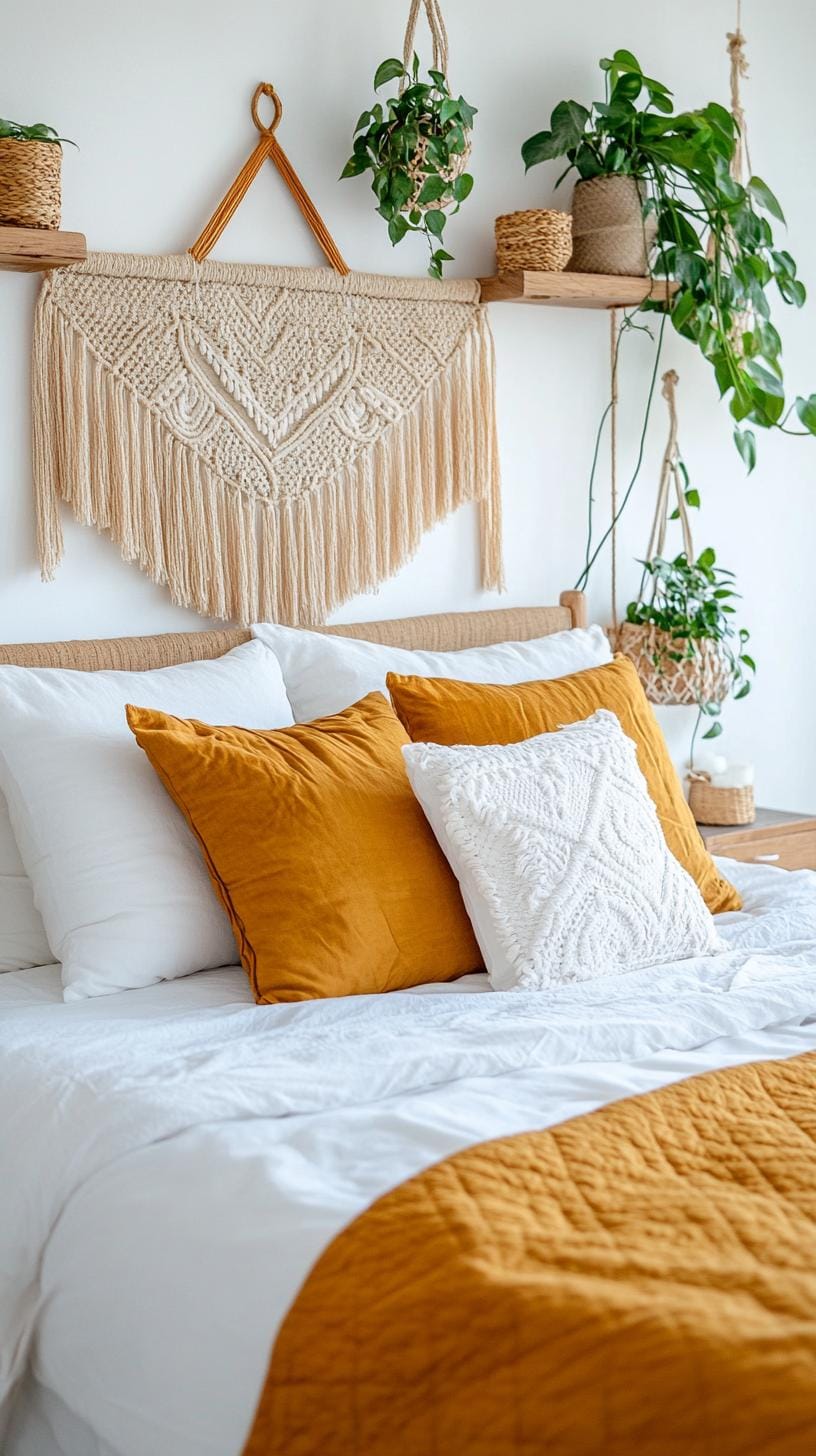 21 new bedroom ideas for your 2025 refreshment 6 2. Boho chic with woven wall hangers and plant-0