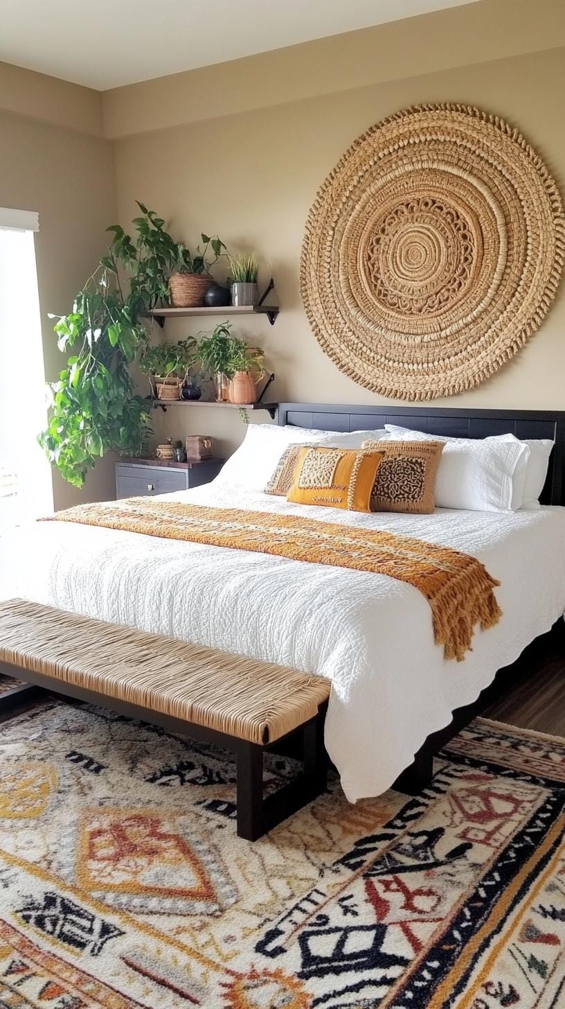 21 new bedroom ideas for your 2025 Refresh 7 2. Boho chic with woven wall hangers and plant-1