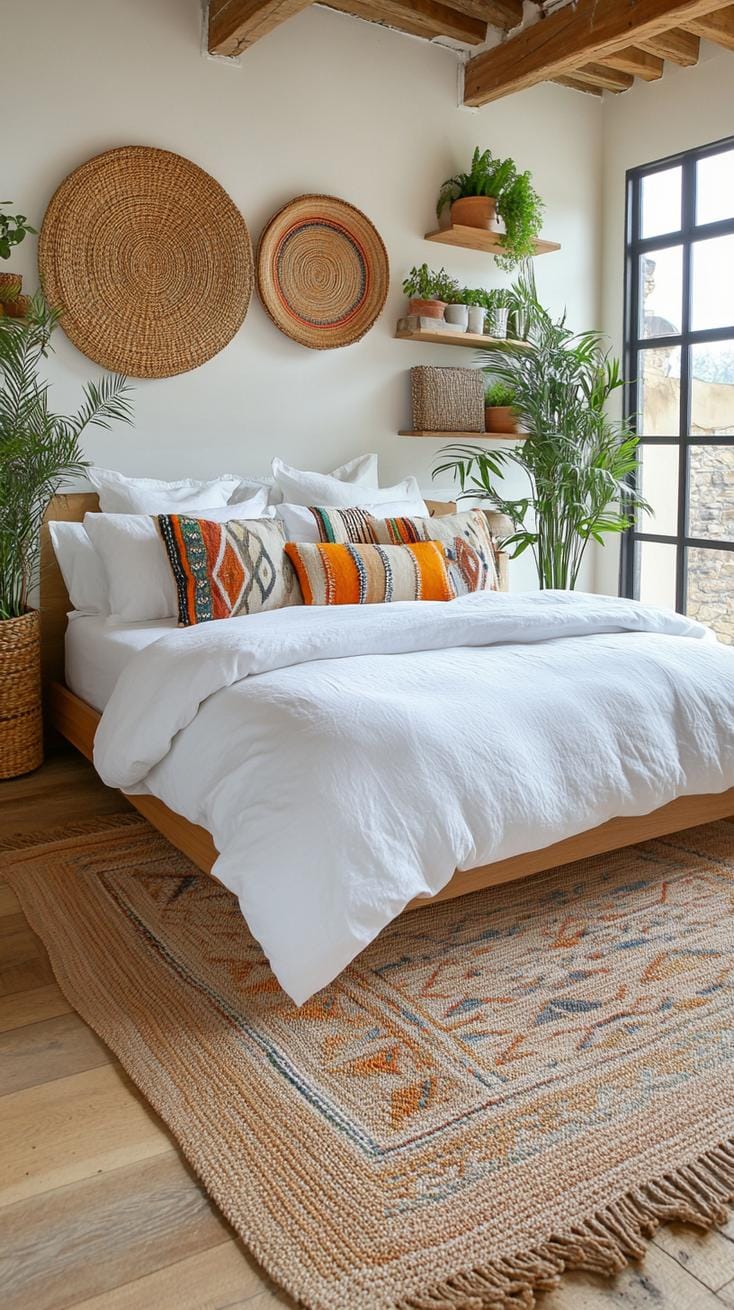 21 new bedroom ideas for your 2025 refreshment 8 2. Boho chic with woven wall hangers and plant-2