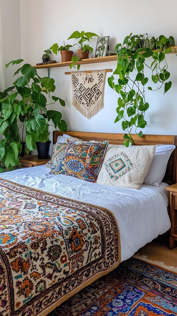 21 new bedroom ideas for your 2025 refreshment 9 2. Boho chic with woven wall hangers and plant 3