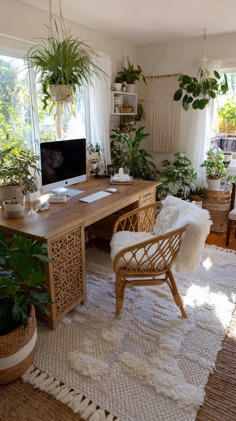 31 Home Office Ideas to Upgrade Your Work From Home Setup 24 8. Boho home office with rattan chair and woven rugs-0