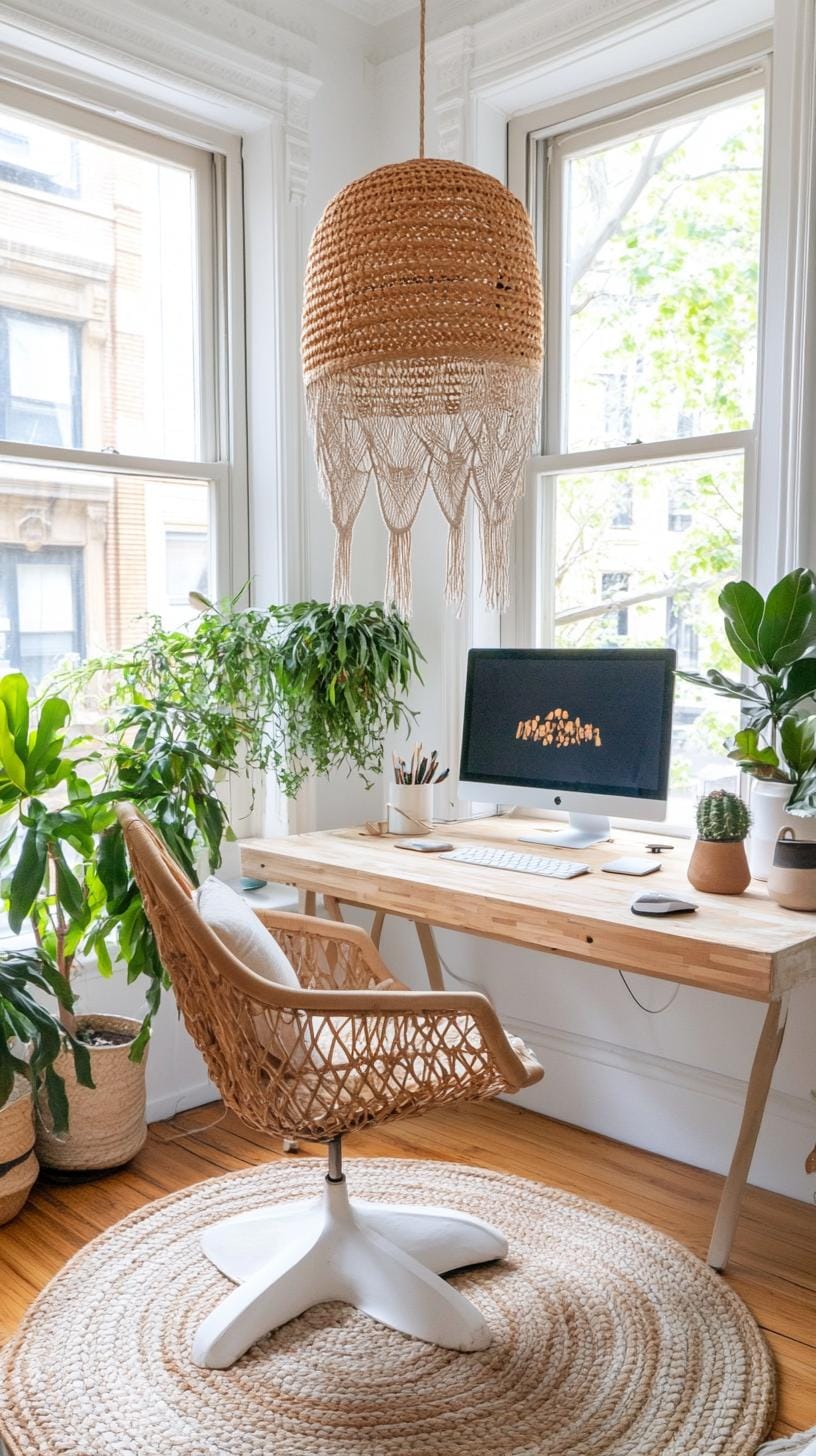 31 Home Office Ideas to Upgrade Your Work From Home Setup 25 8. Boho home office with rattan chair and woven rugs-1