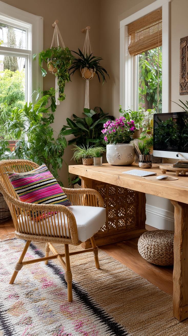 31 Home Office Ideas to Upgrade Your Work From Home Setup 26 8. Boho home office with rattan chair and woven rugs-2