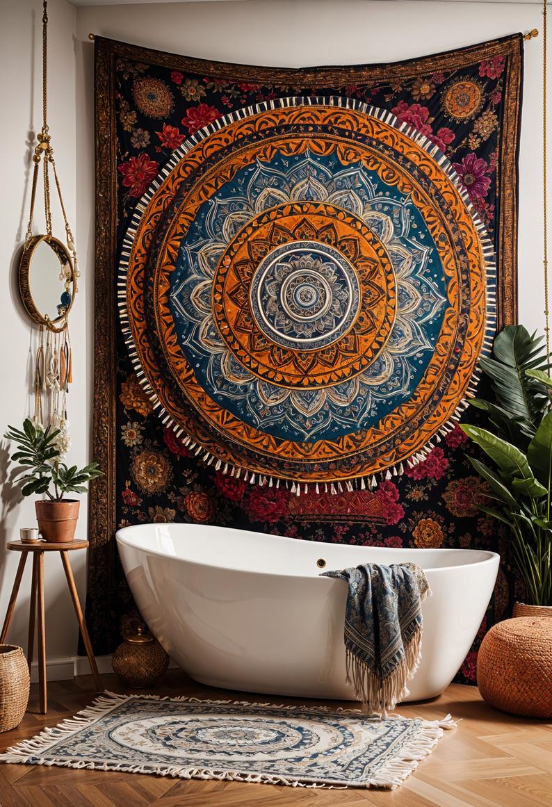 27 Dreamy Boho Bathroom Inspirations for Your Home Makeover 31 18. Boho tapestry decor inspiration-0