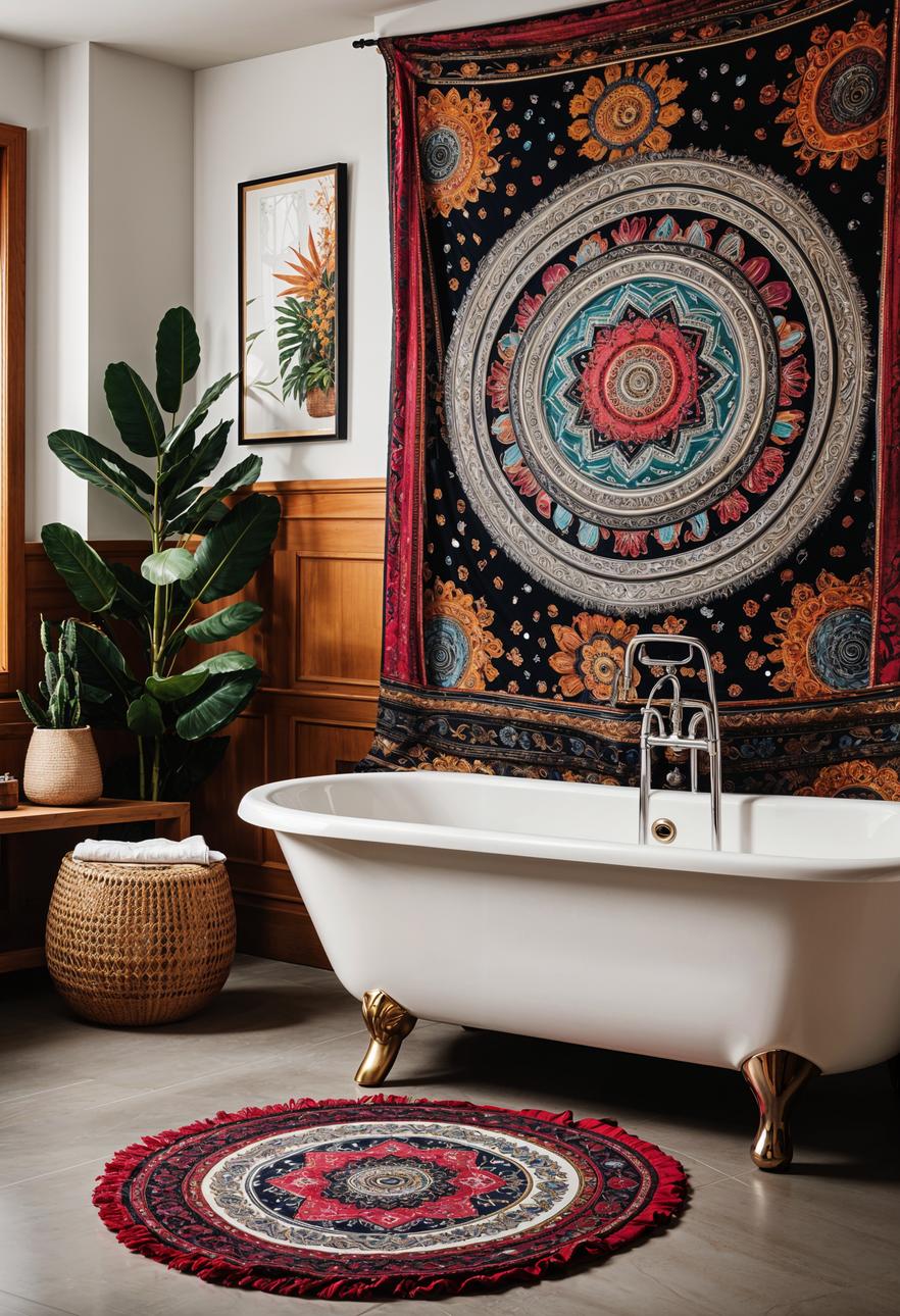 27 Dreamy Boho Bathroom Inspirations for Your Home Makeover 32 18. Boho tapestry decor inspiration-1