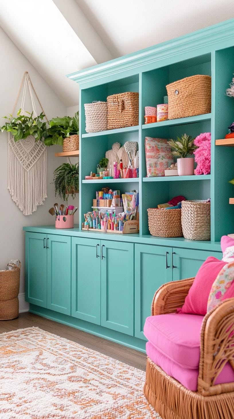 25 Bastelraumideen mit genialen Organisation und Dekor Tipps 20 6. BOLD BOHO Bastelraum mit bemalten Holzschränken-1
