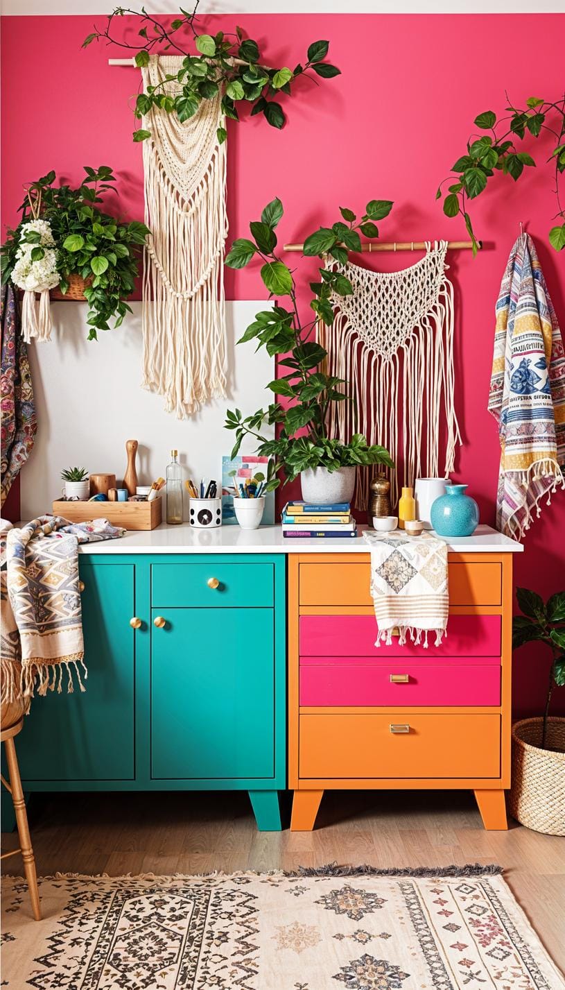 25 Bastelraum -Ideen mit genialen Organisation und Dekor Tipps 21 6. BOLD BOHO Bastelraum mit bemalten Holzschränken-2