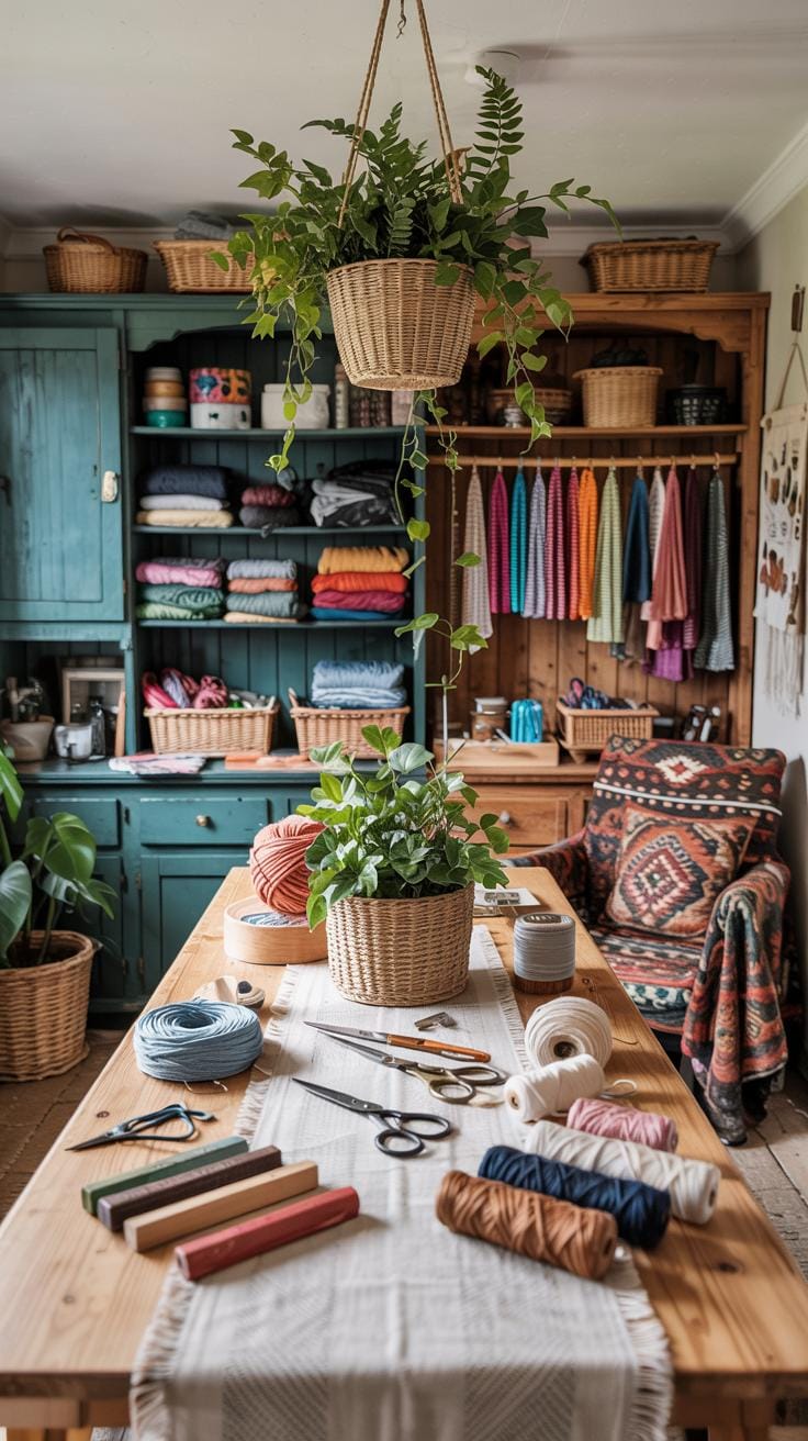 25 Bastelraumideen mit genialen Organisation und Dekor Tipps 22 6. BOLD BOHO Bastelraum mit bemalten Holzschränken-3