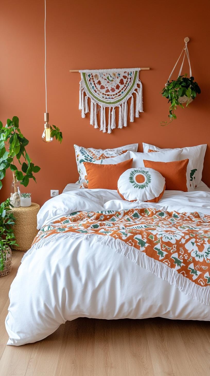 23 Recherent atmospheric Boho bedroom ideas for copying 66 22. Kühne Terracotta Wades with patterned bed widths and cozy lights-0
